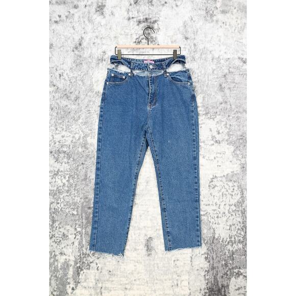 Edikted Medium Blue Wash Raw Hem Separated Waist Band Jeans - Picture 1 of 4